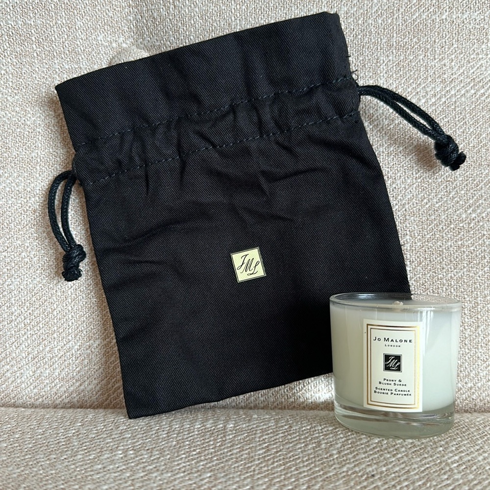 Jo Malone Peony & Blush Suede mini Candle + JML cinch bag.